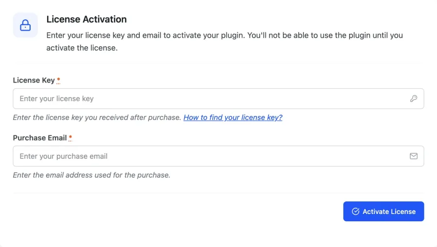 Activate License panel inside a DevDiggers plugin with purchase code and email fields