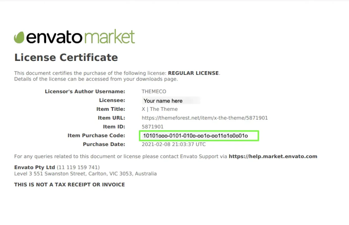 CodeCanyon license certificate showing the item purchase code
