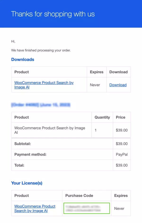 Order confirmation email from DevDiggers showing the license key