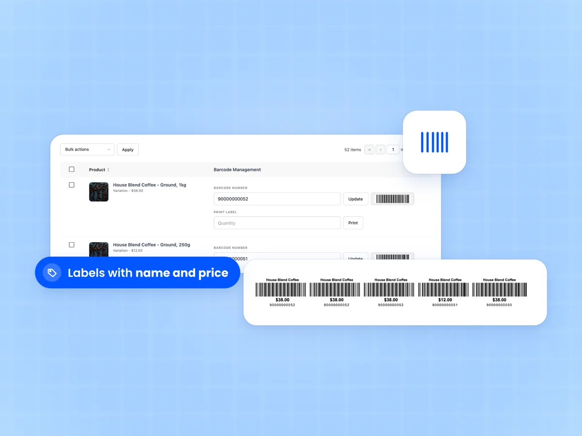 FluentCart barcode scanner support with the Assign Barcodes screen and a printed shelf label with price