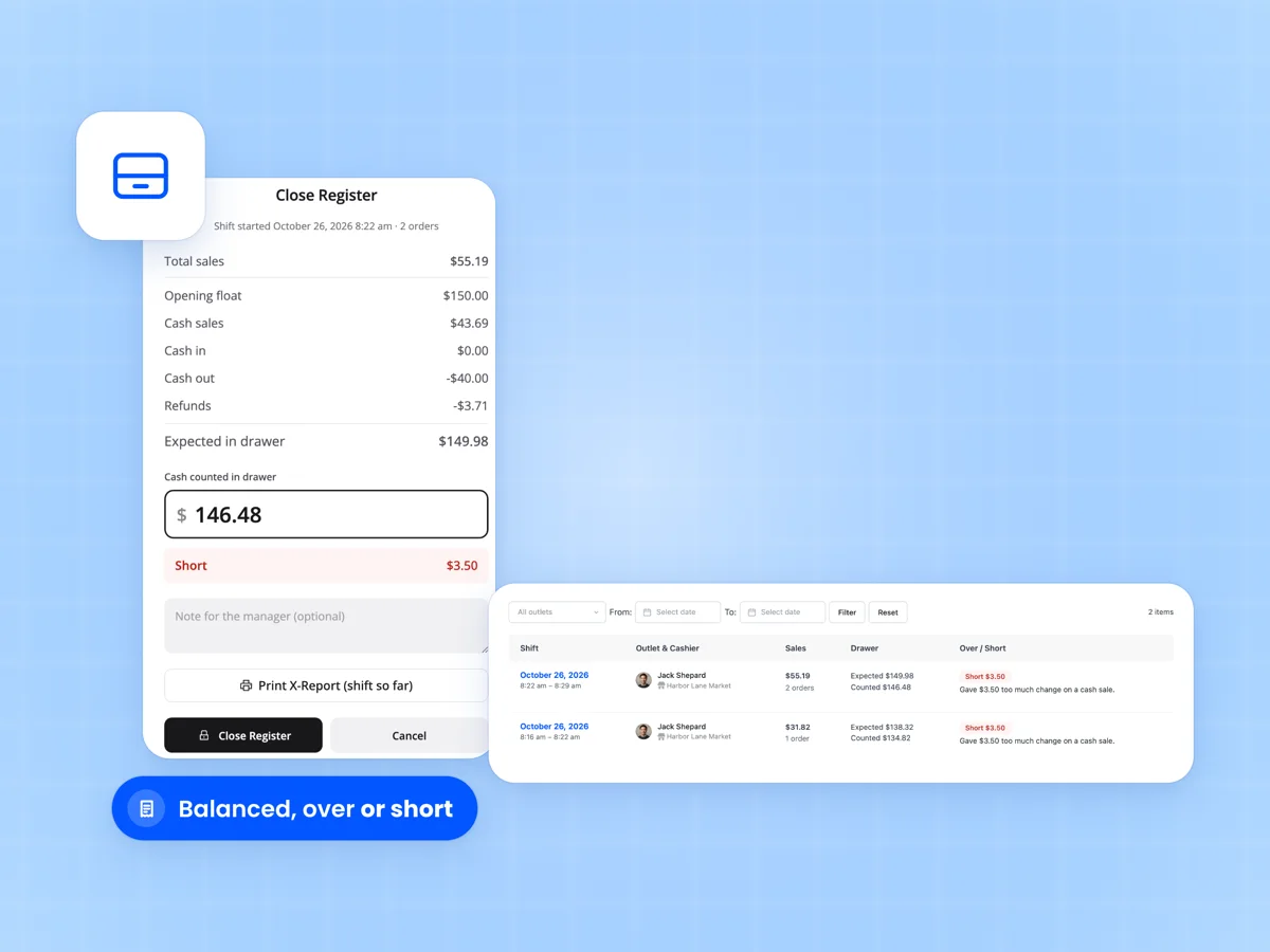 Close Register screen in the FluentCart POS with expected and counted cash, beside the Registers list with each shift