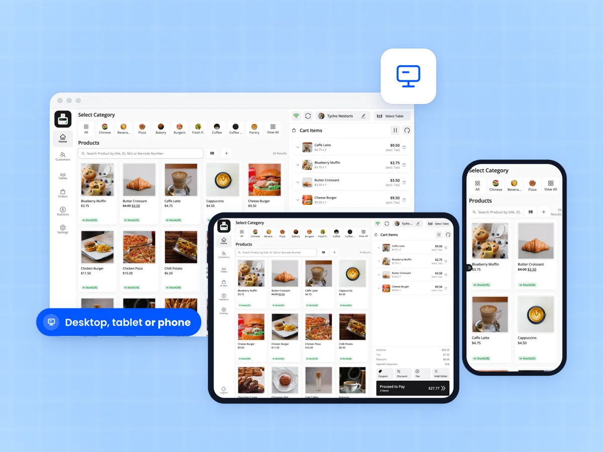FluentCart POS checkout screen on a desktop browser, a tablet and a phone, with products from a cafe and a cart