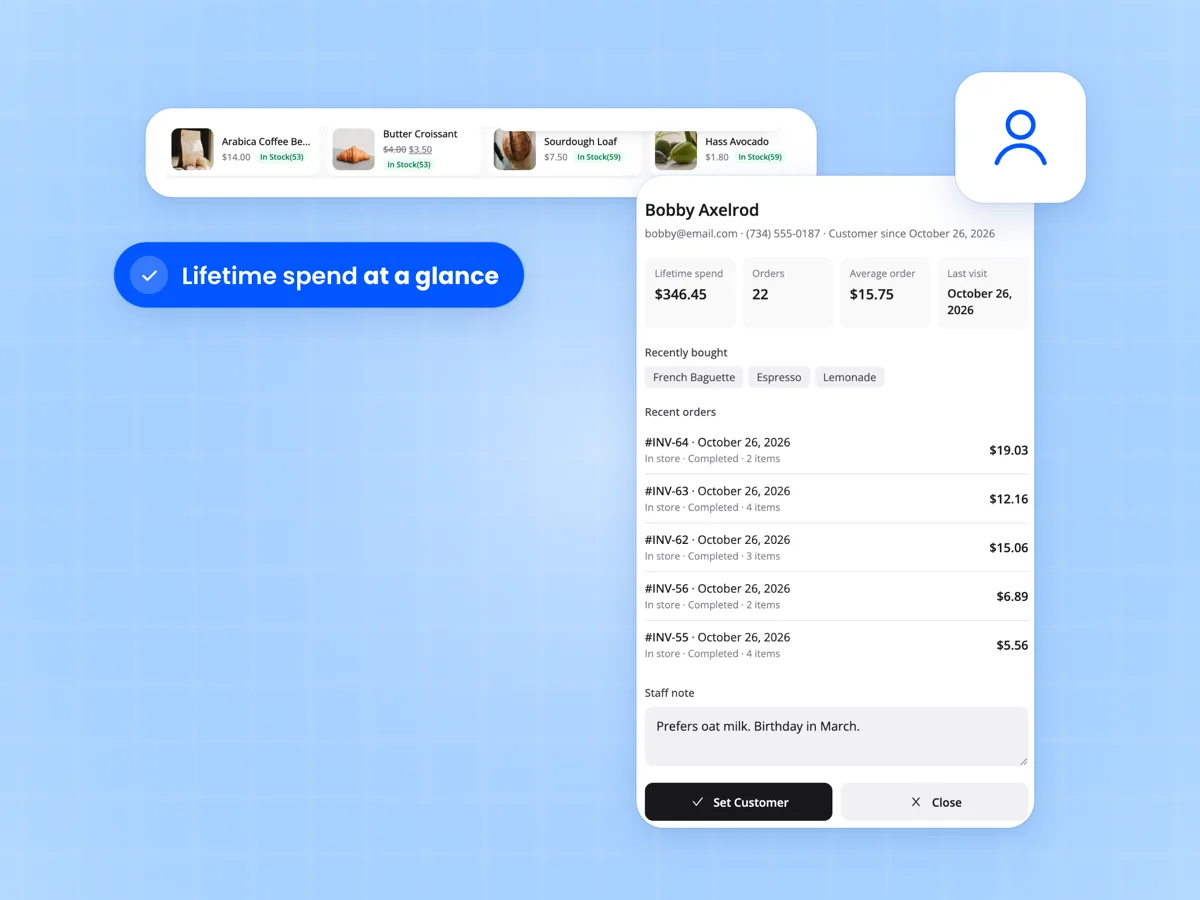 Customer profile in the FluentCart point of sale with lifetime spend, recent orders and a staff note, below the Quick Keys row