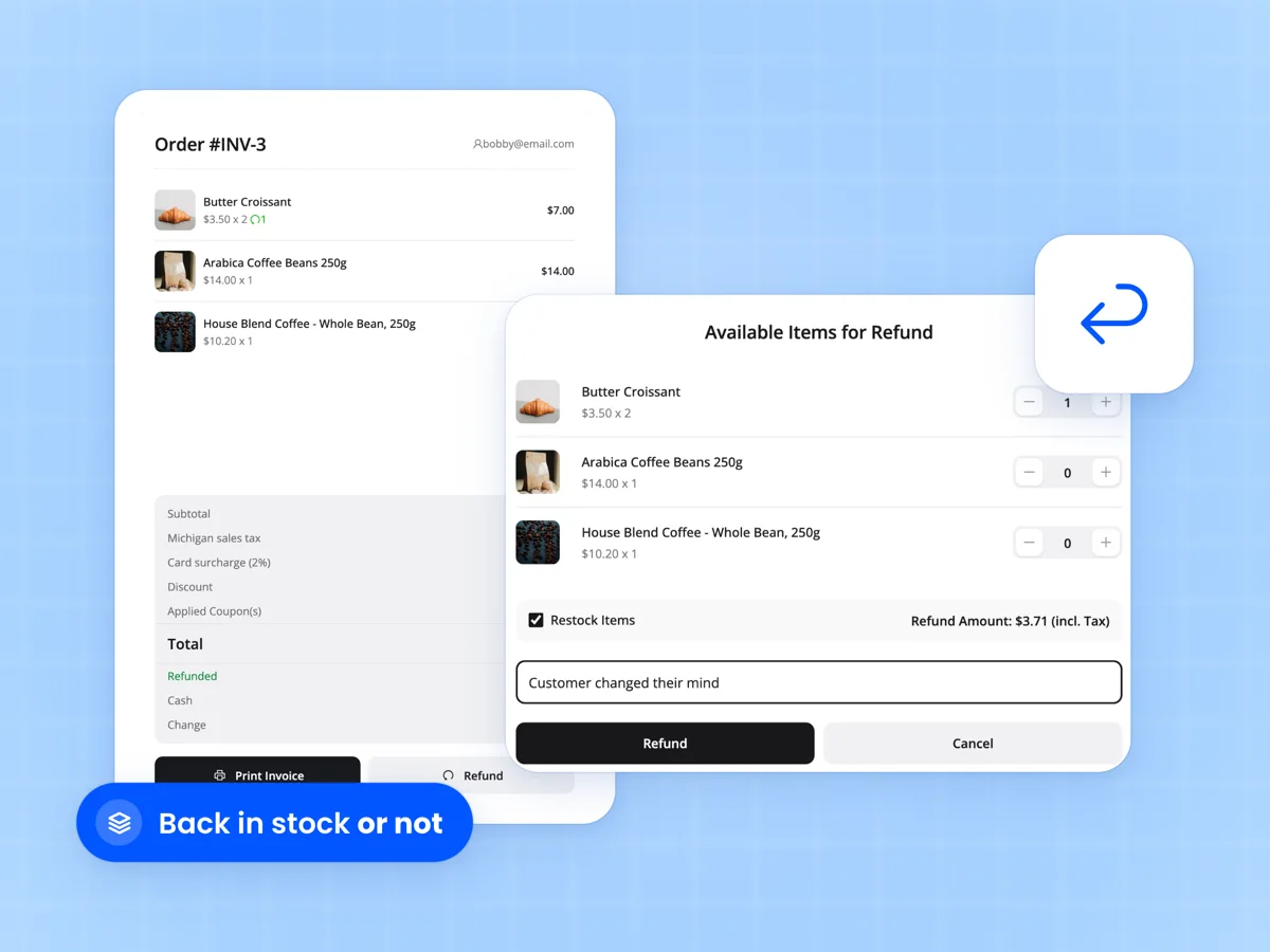 Refund popup in the FluentCart POS with items to refund, quantities and a Restock Items option