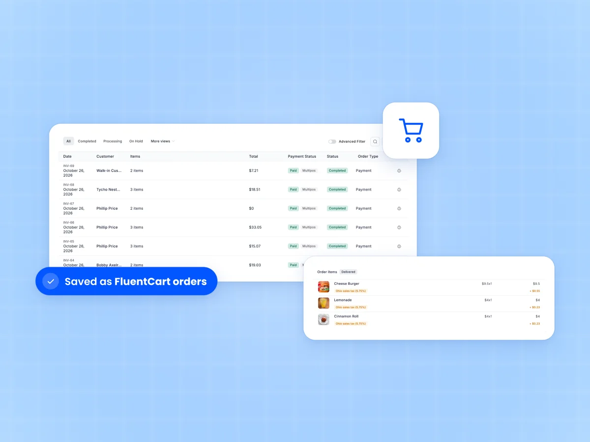 FluentCart Orders screen with paid POS sales marked Multipos, beside one order's items with sales tax and a Delivered badge