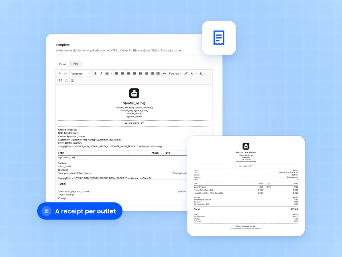 Receipt template editor for the FluentCart POS with receipt variables, beside a printed sales receipt from the market