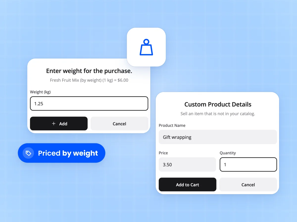 FluentCart POS weight popup for loose fruit priced by weight, beside a custom item form with name and price