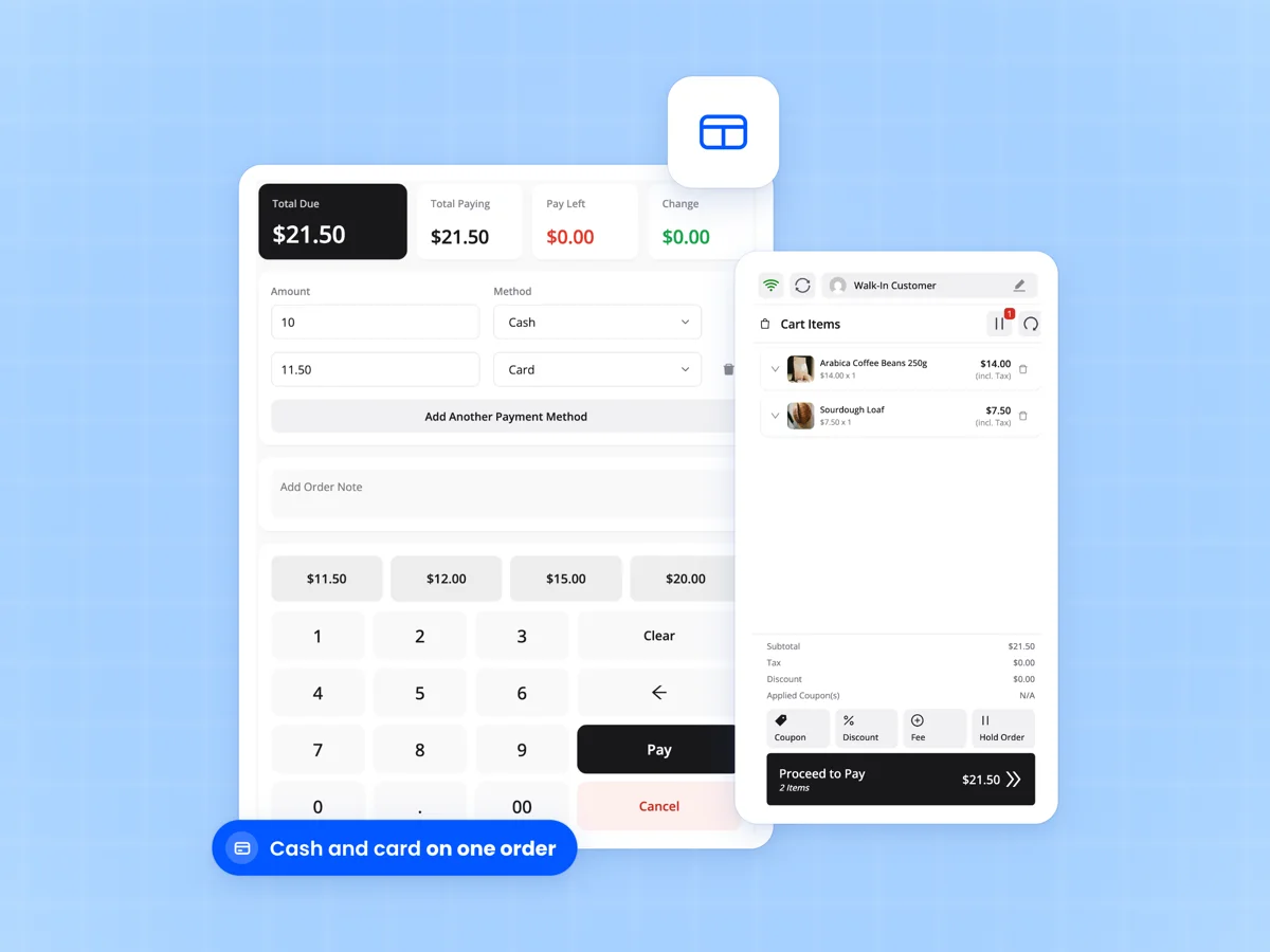 FluentCart POS pay screen splitting a bill between cash and card, with total due, amount paying and change