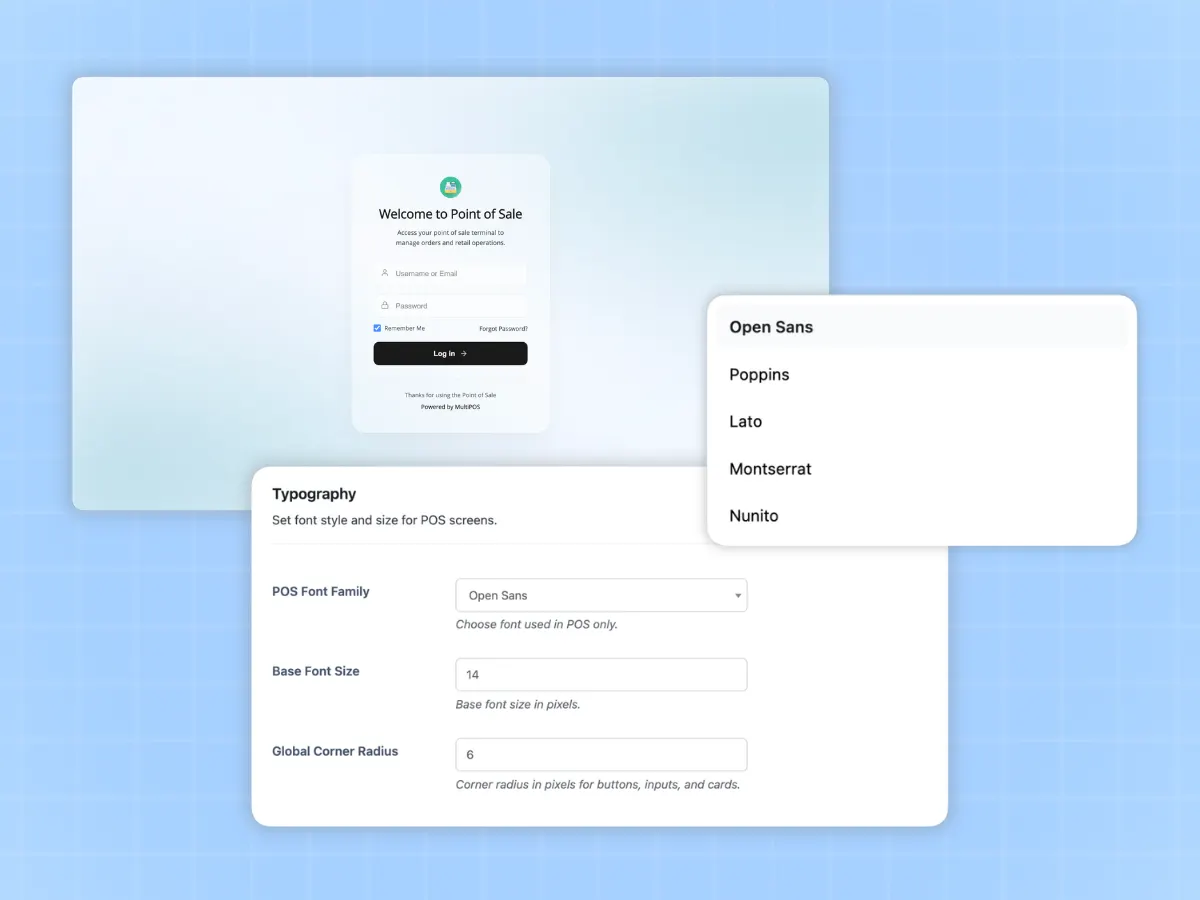 Branded MultiPOS login screen and themed WooCommerce point of sale layout