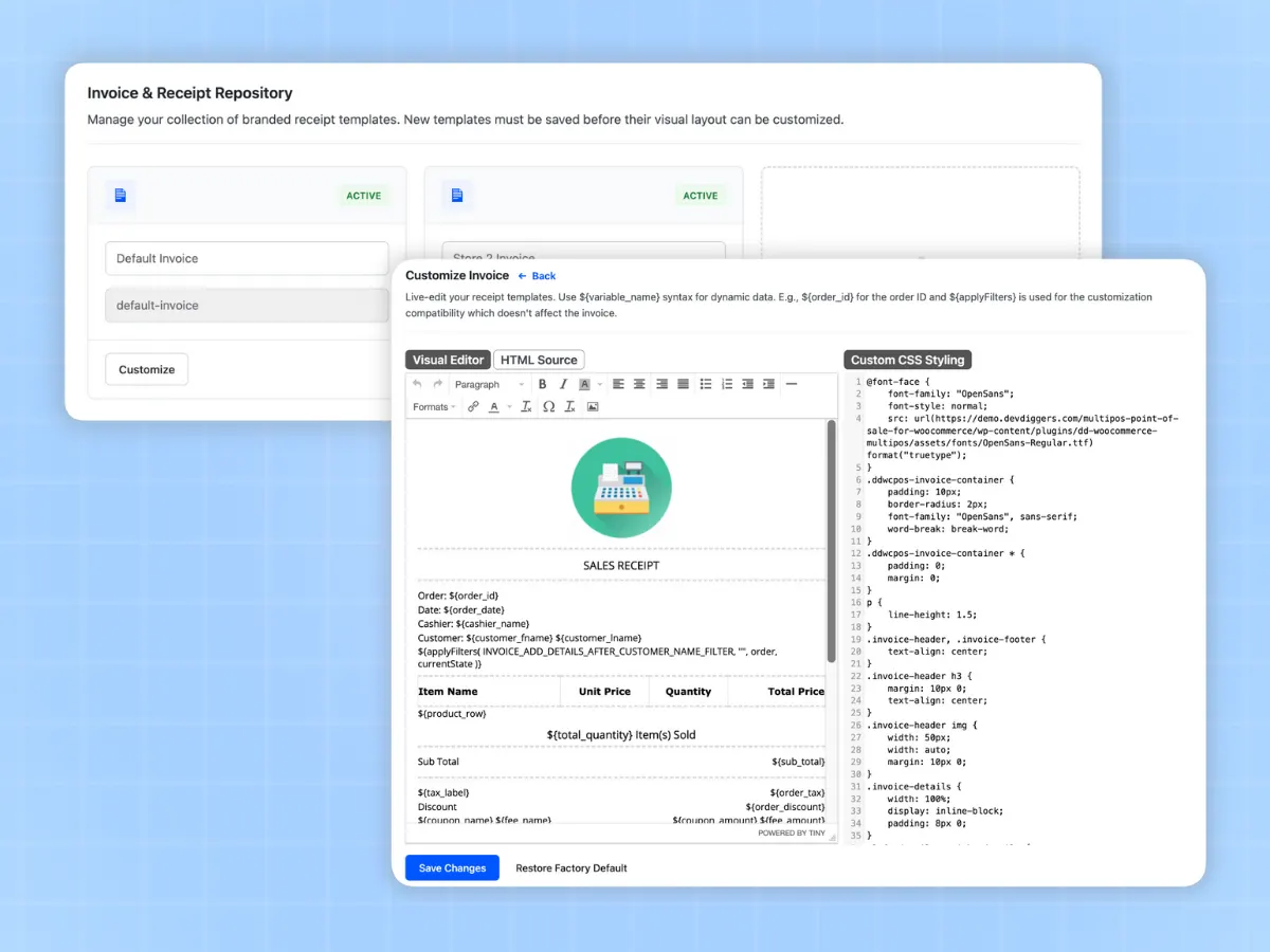 Custom receipt and invoice builder in MultiPOS for WooCommerce
