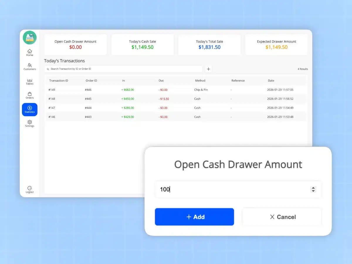 Cash drawer tracking and end-of-day sales figures in the MultiPOS point of sale