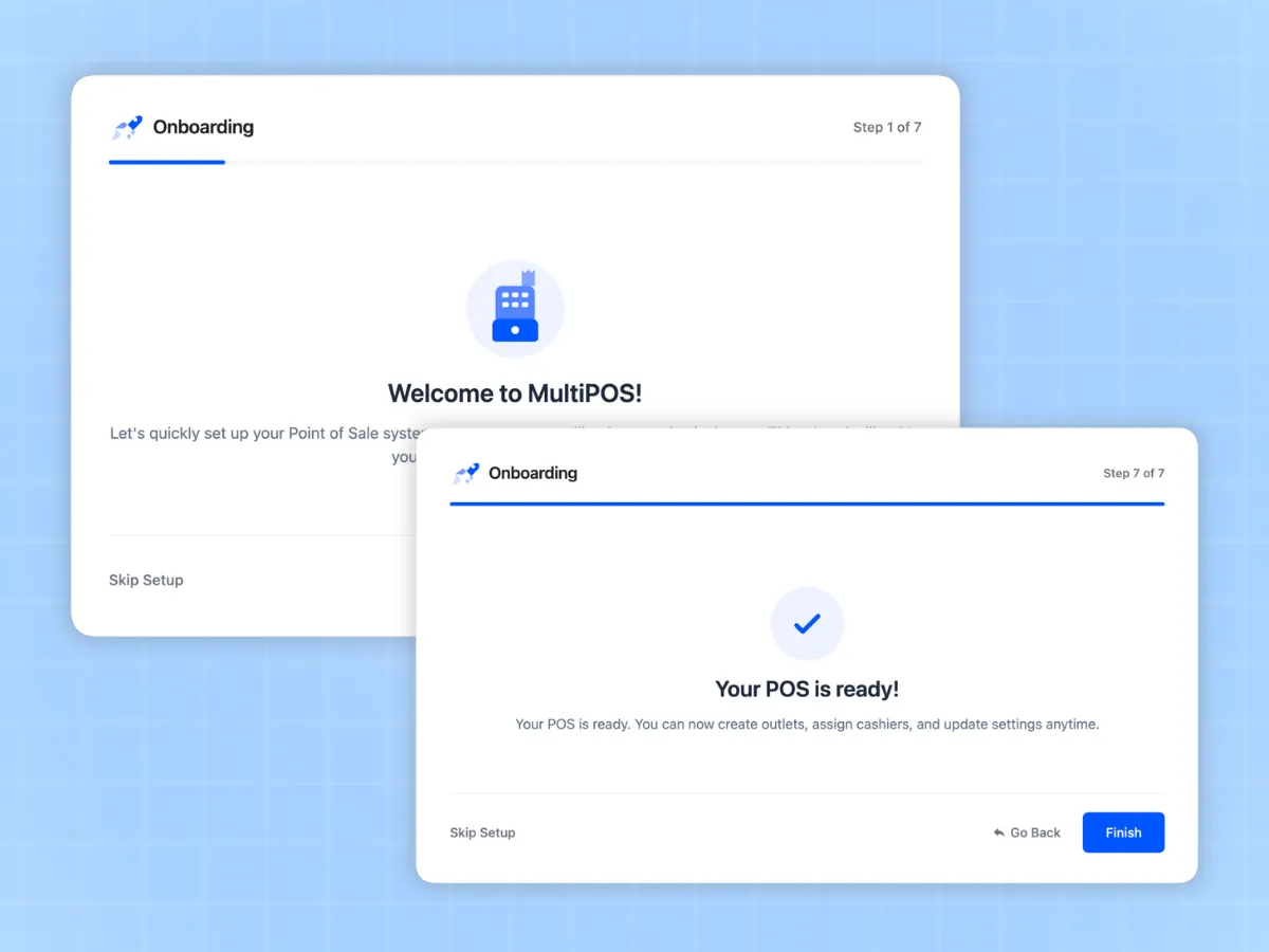 MultiPOS setup wizard and WooCommerce POS dashboard summary cards