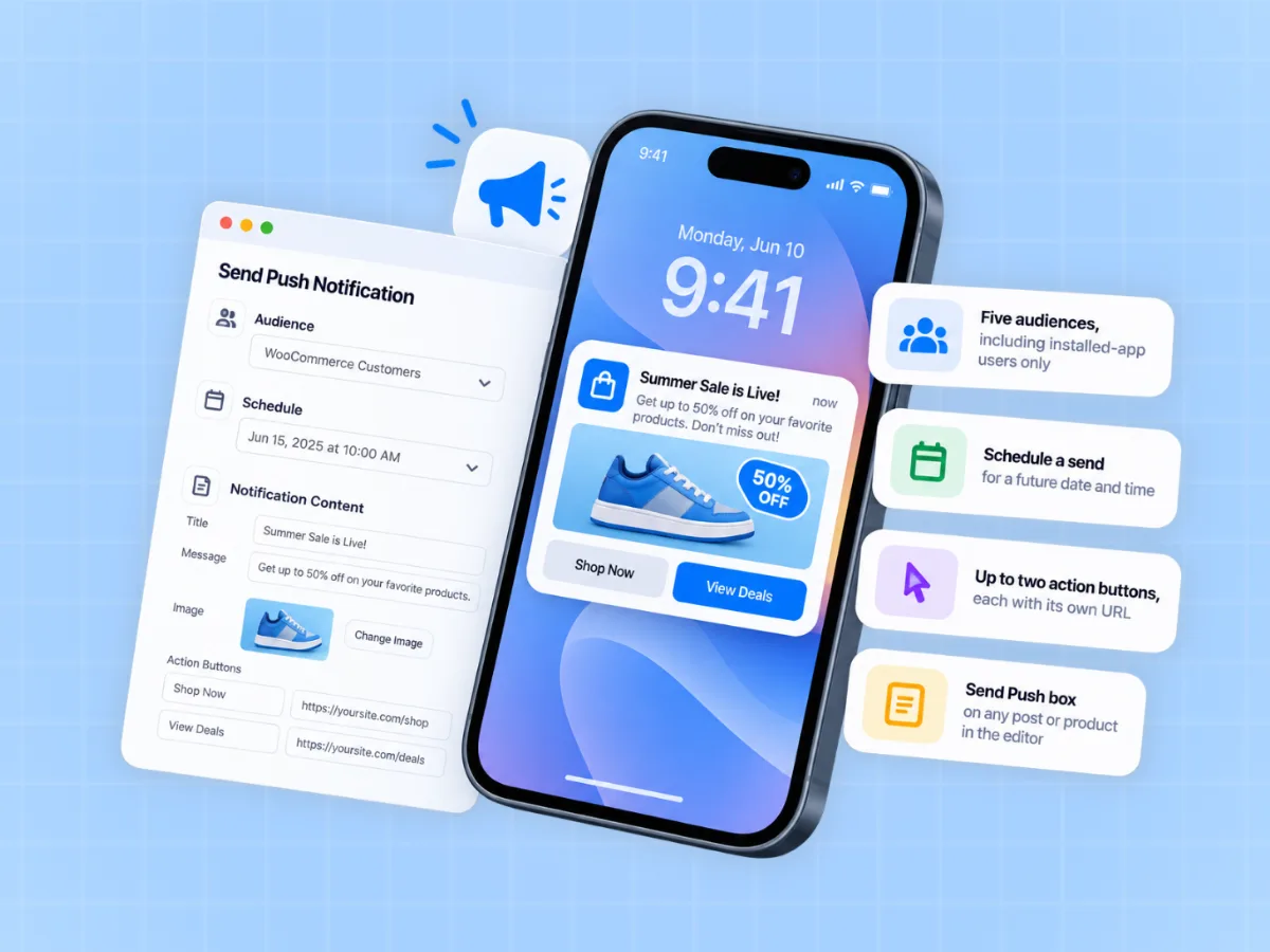 Add Notification screen with title, message, image, segment and action buttons