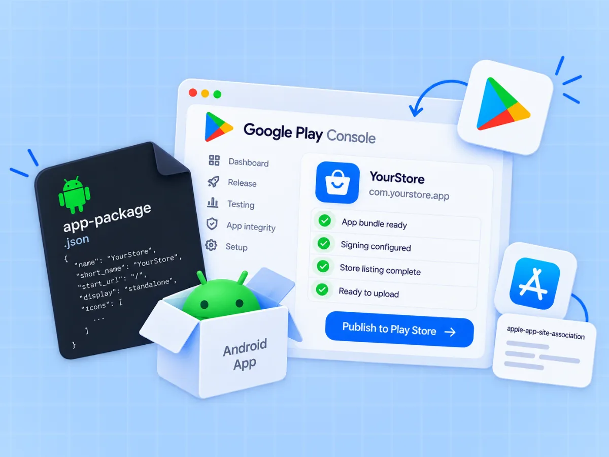 App Package tab for publishing a WordPress PWA to the Play Store, with a twa-manifest download