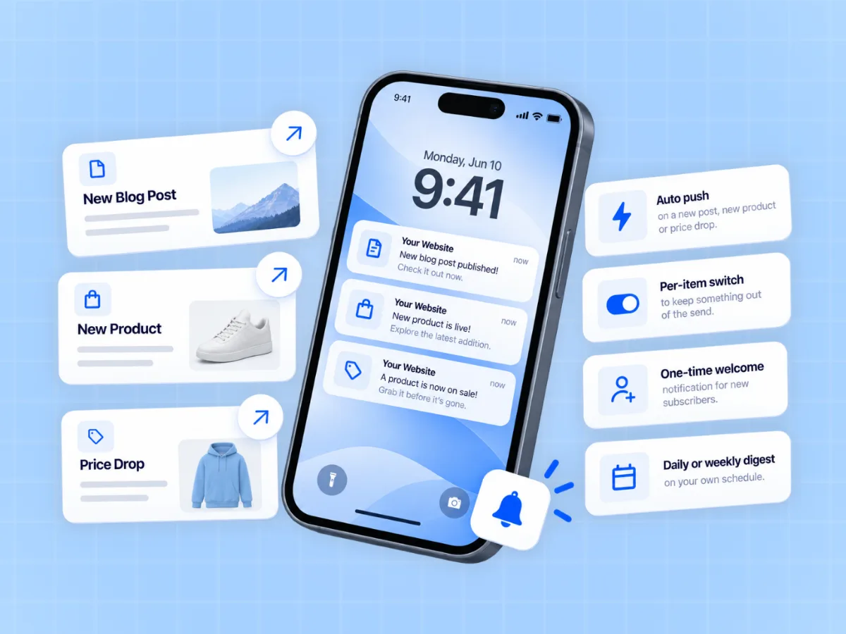 PWA automations tab with auto push on publish, welcome notification and recurring digest