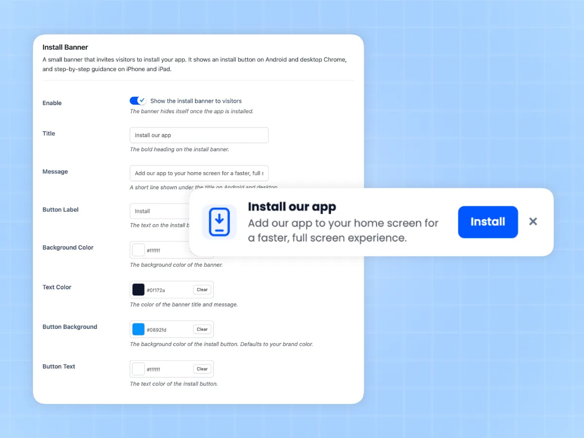 Installable WordPress PWA settings: app name, theme colour, display mode and start URL