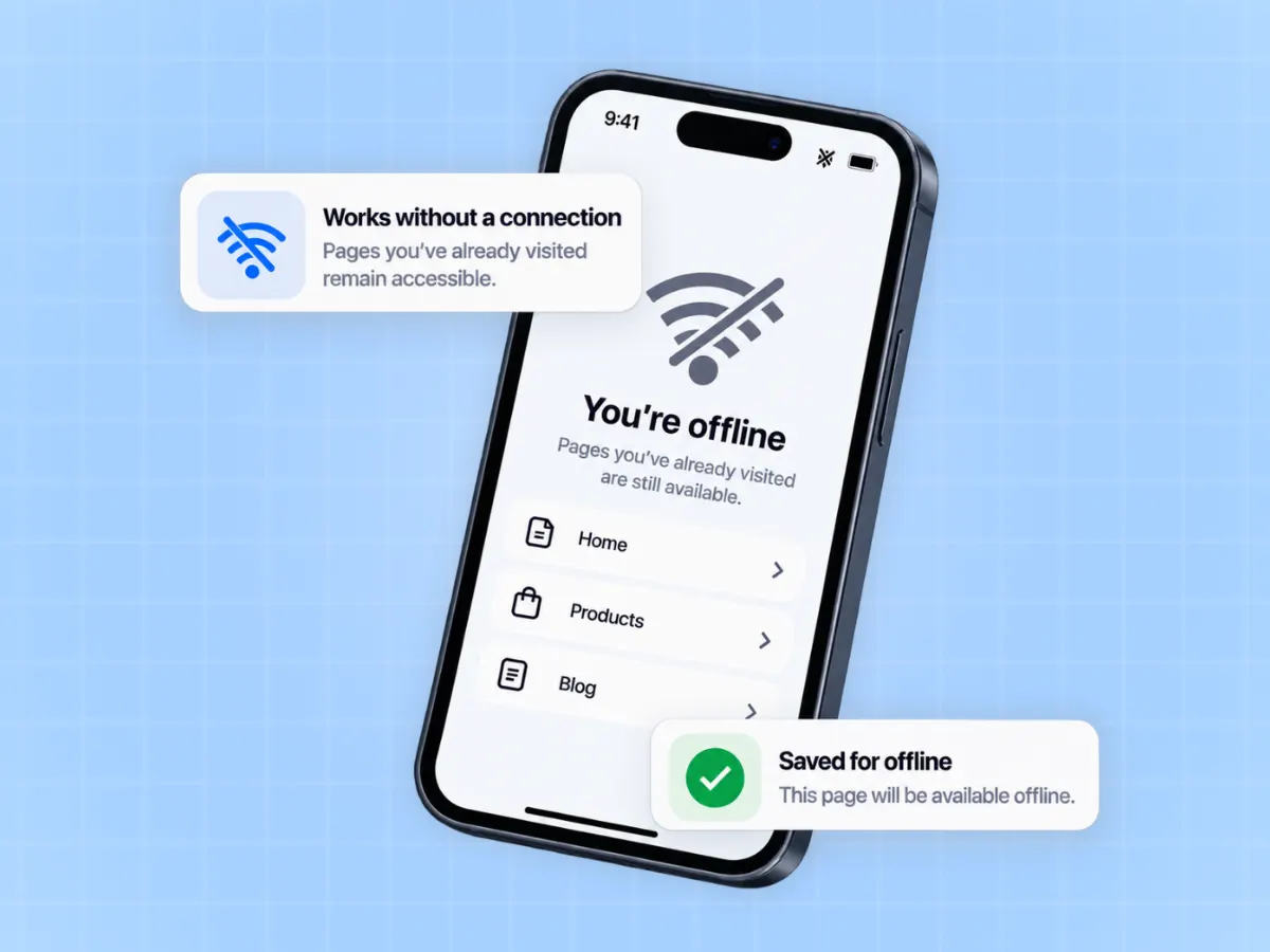 Offline Support settings with cache strategy, offline fallback page and never-cache list