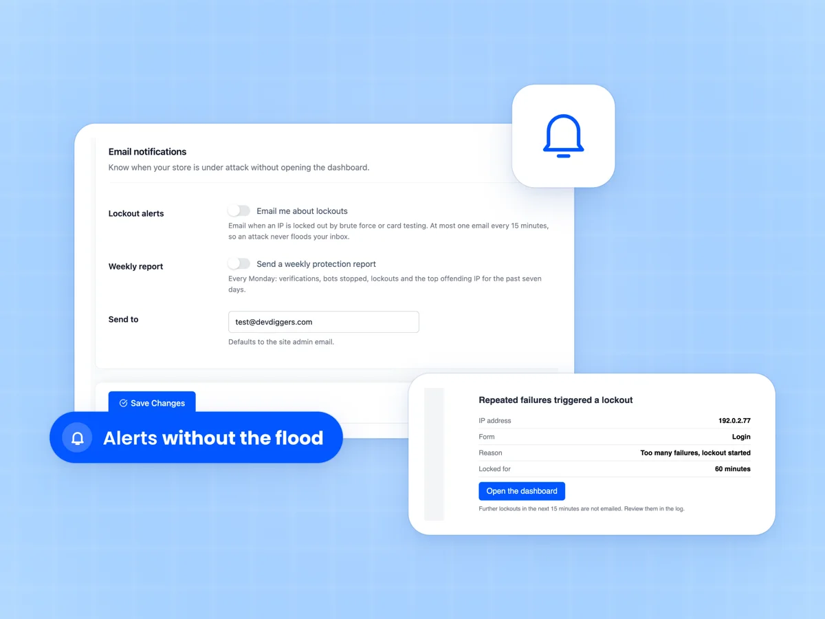 Lockout alert email and weekly protection report email, beside the Notifications settings
