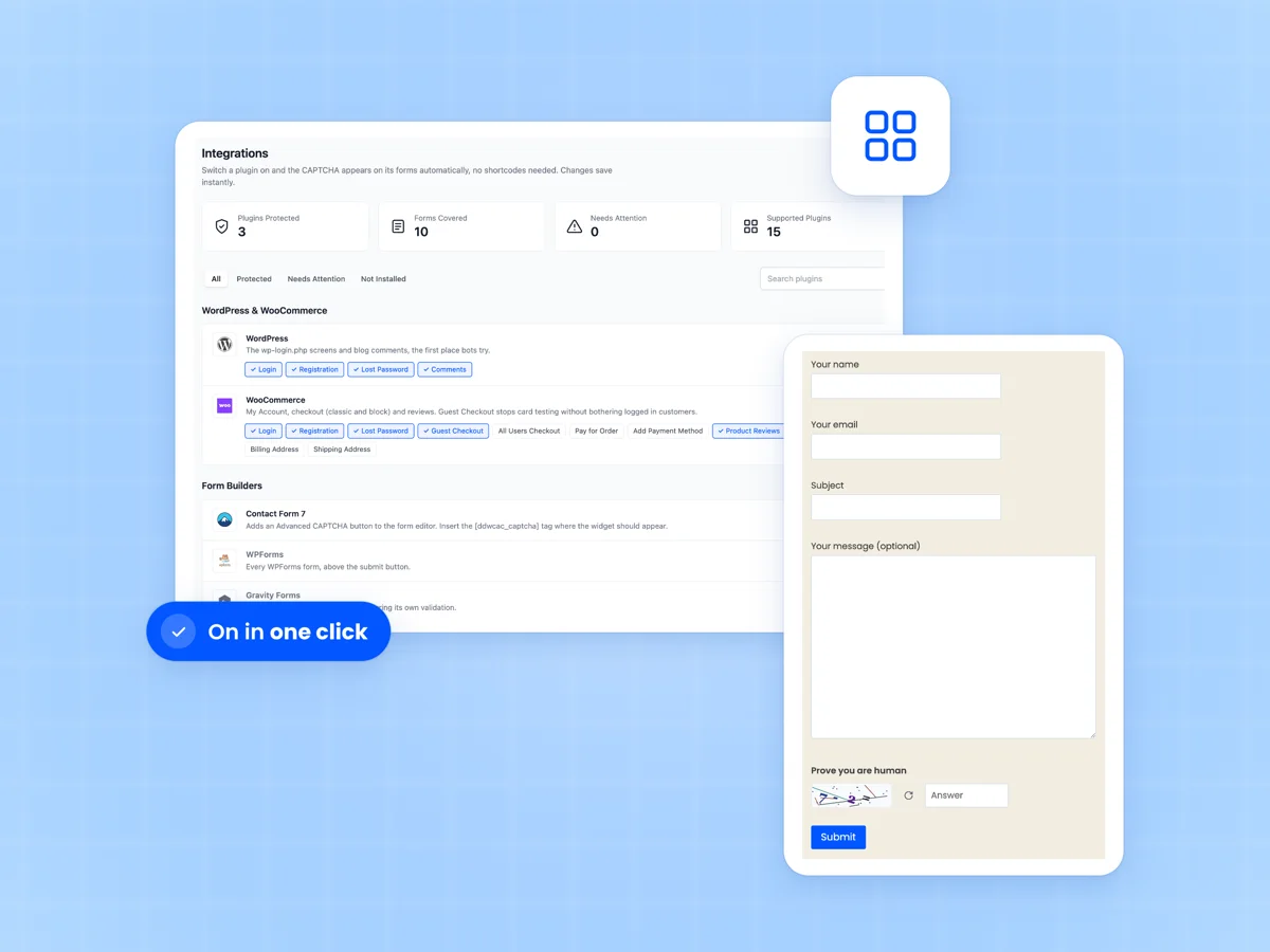 Integrations screen with WordPress, WooCommerce and form plugin cards and their protection switches, beside a Contact Form 7 form with a CAPTCHA