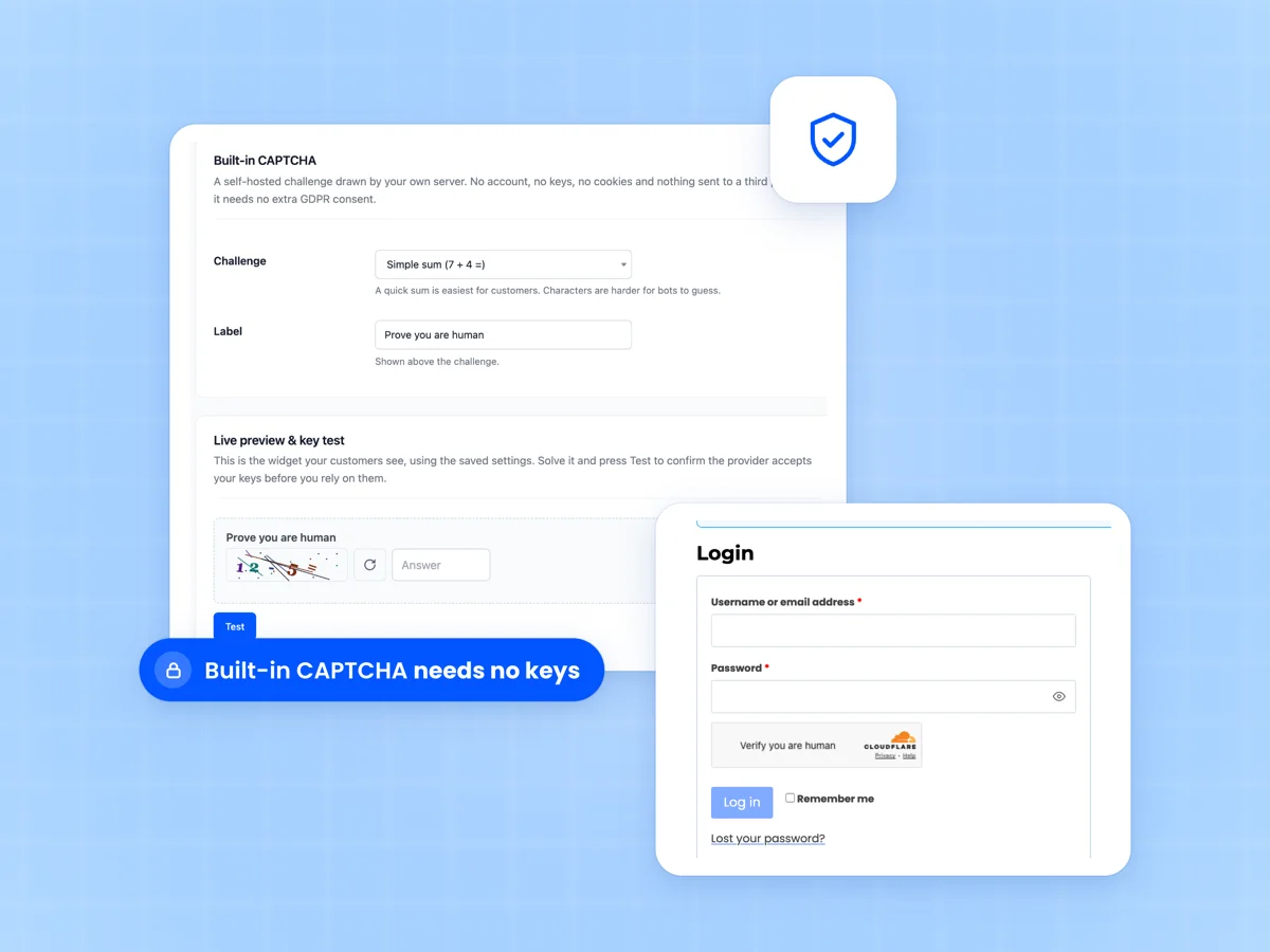 Built-in CAPTCHA settings with a math challenge preview, beside Cloudflare Turnstile, reCAPTCHA and hCaptcha widgets on a My Account login form
