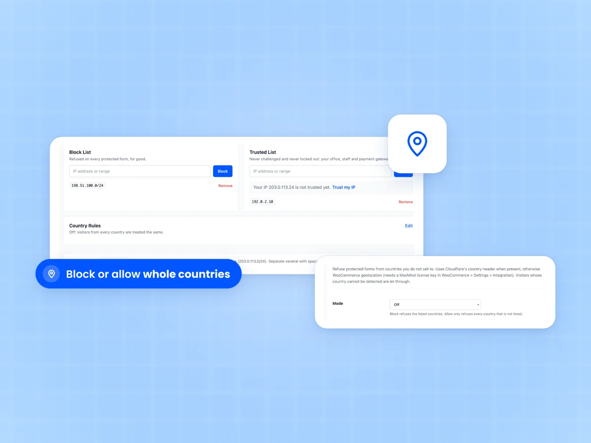 Firewall screen with the block list, trusted IP list and country rules summary