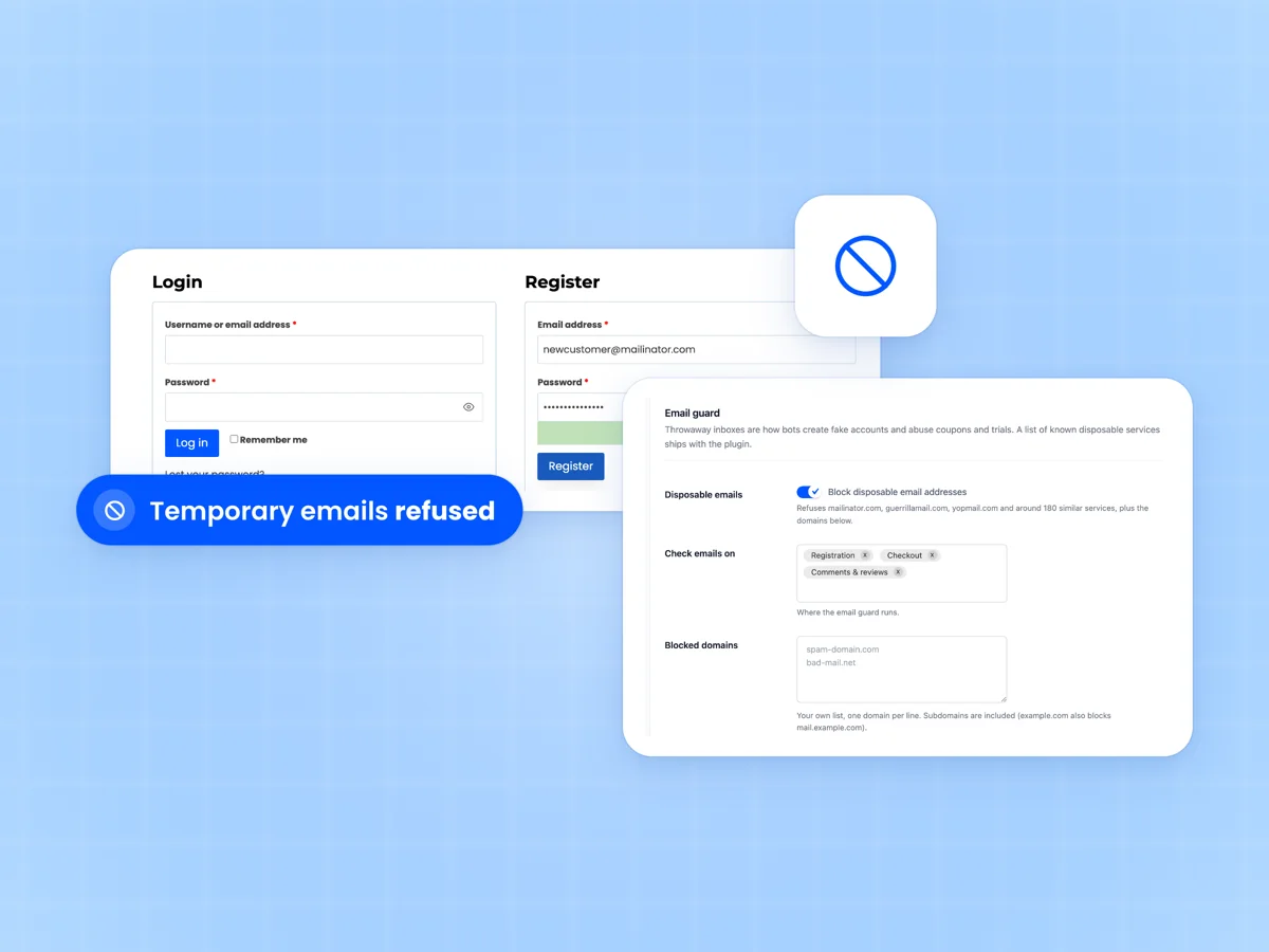 WooCommerce registration form refusing a temporary email address, beside the disposable email settings