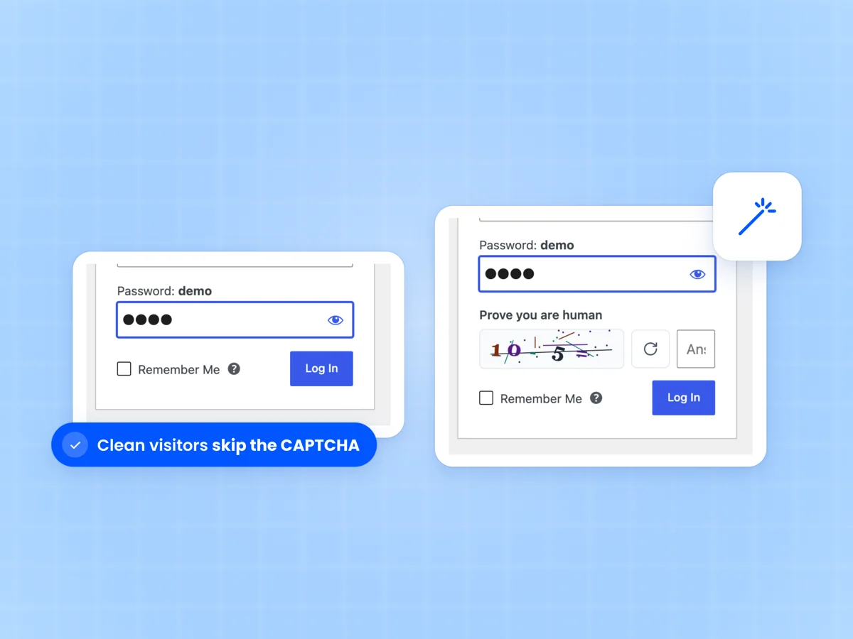 Login form with no CAPTCHA for a clean visitor, beside the same form showing a CAPTCHA after a failed attempt