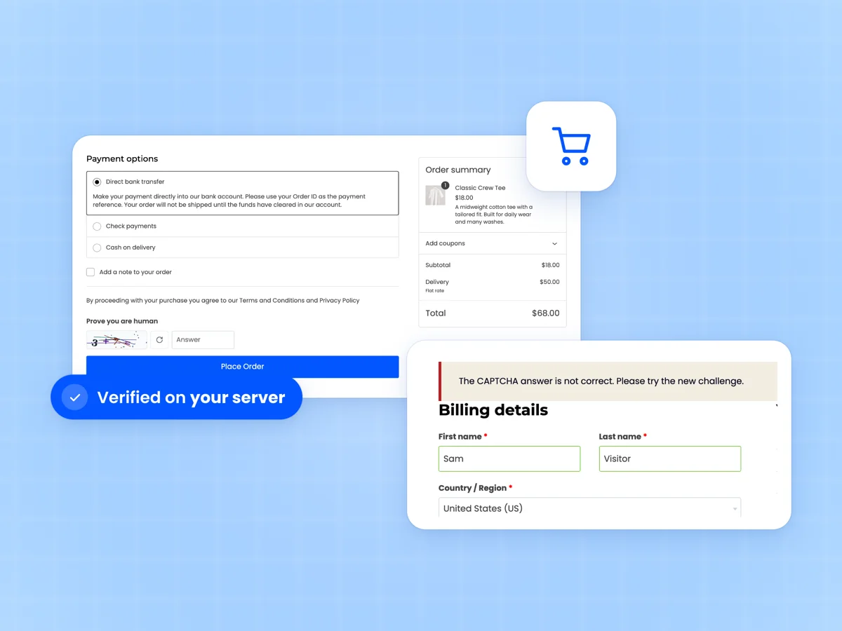 WooCommerce Checkout block with a CAPTCHA above Place Order, beside the classic checkout showing a CAPTCHA error notice