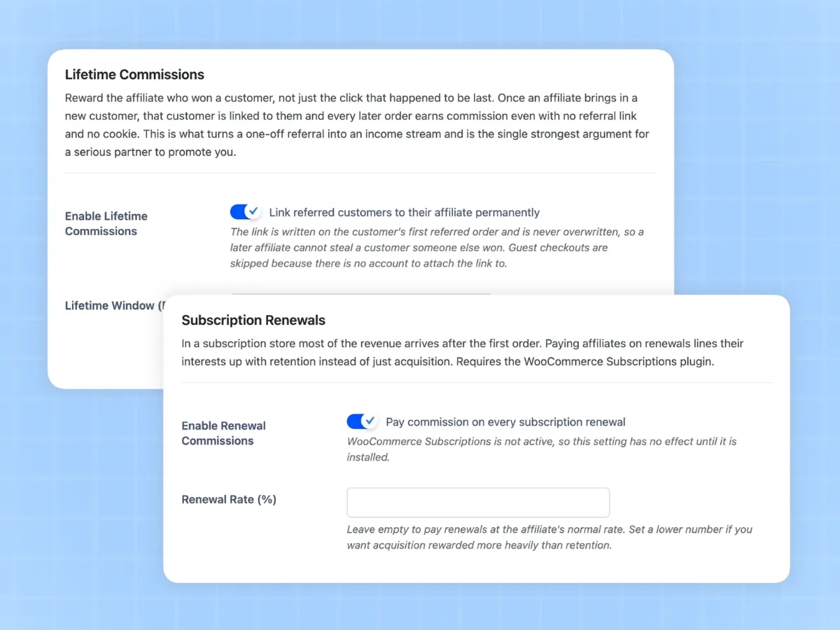 Lifetime and recurring WooCommerce affiliate commissions on subscription renewals