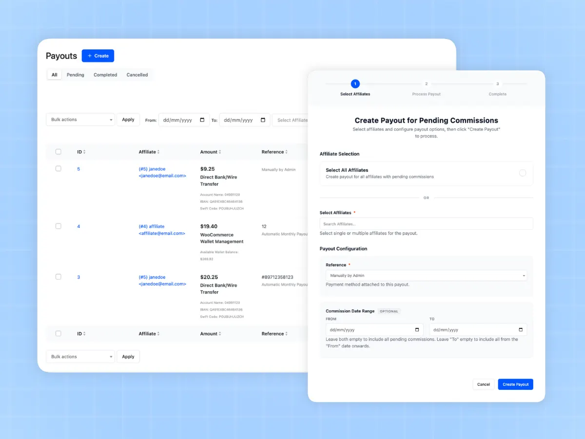 WooCommerce affiliate payout wizard with bank transfer, PayPal, and wallet