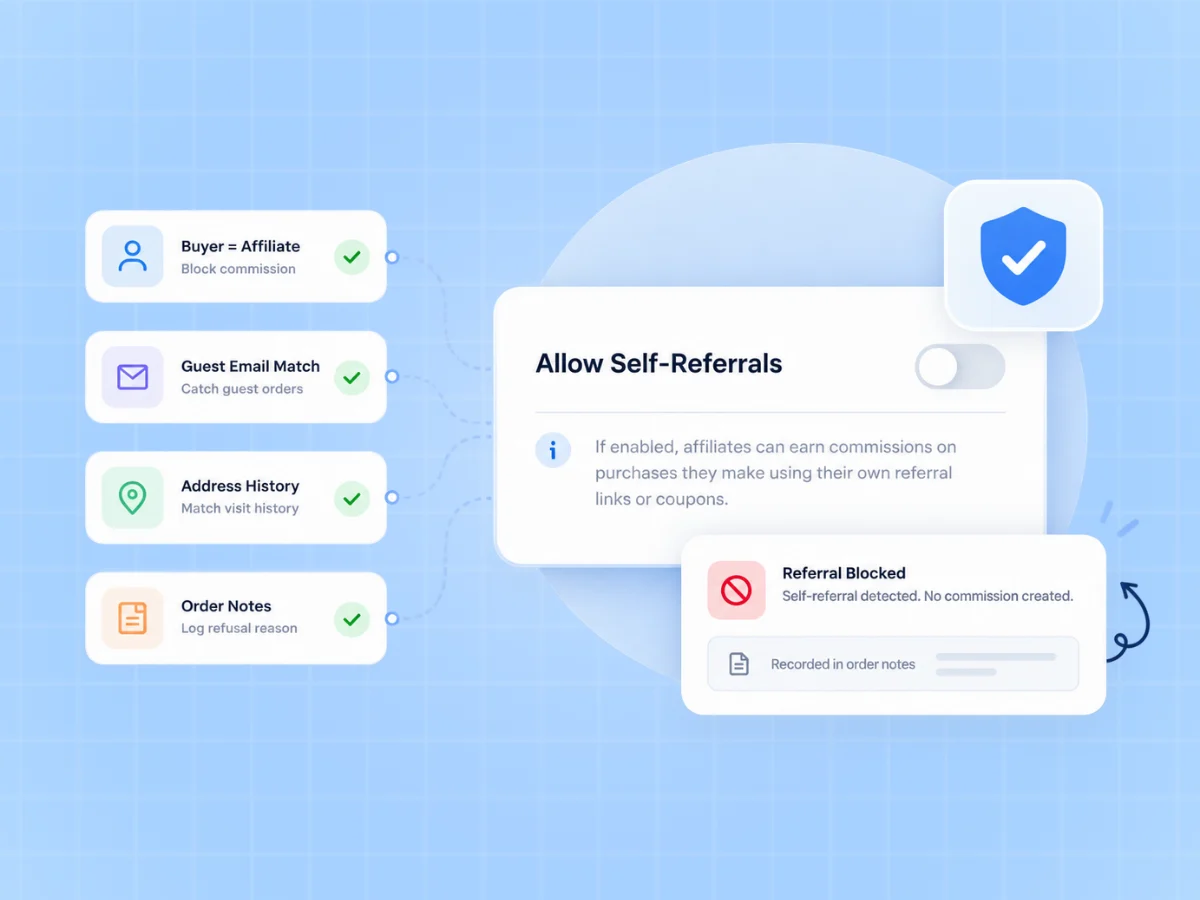 Referral fraud prevention settings that block self-referral affiliate commissions
