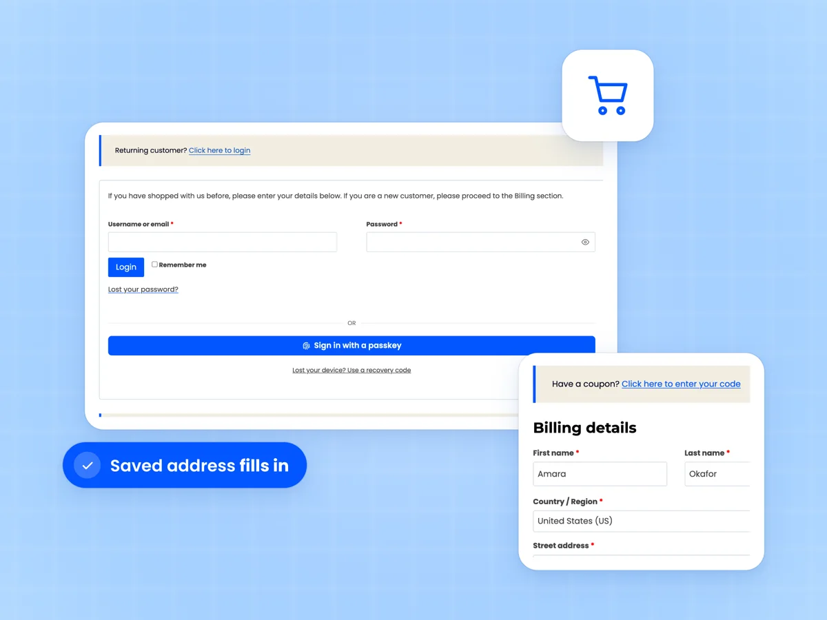 Classic WooCommerce checkout Returning customer login with a Sign in with a passkey button beside Billing details filled in after sign in
