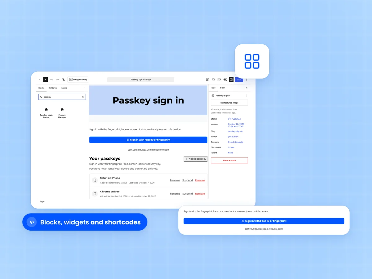 Block editor with the Passkey Login Button and Passkey Manager blocks on a Passkey sign in page beside the button block for guests