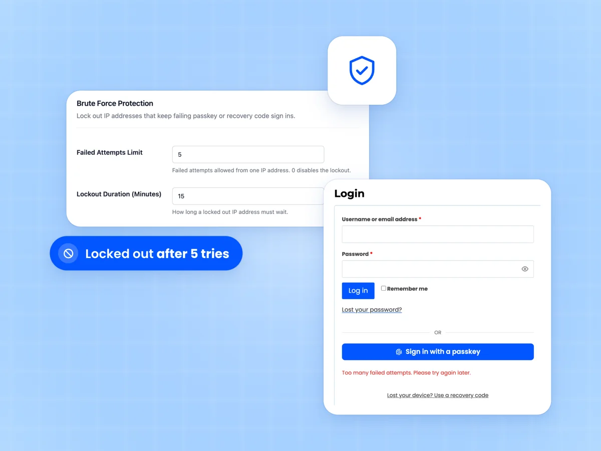 Brute Force Protection settings with 5 failed attempts and a 15 minute lockout beside a login form showing Too many failed attempts