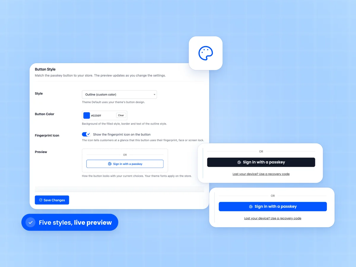 Appearance settings with style, button color, fingerprint icon and live preview beside passkey buttons in dark and filled styles