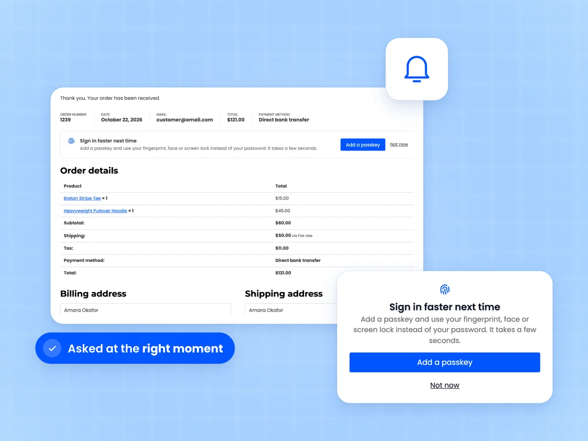 Sign in faster next time invitation popup with an Add a passkey button beside the same invitation on the order received page