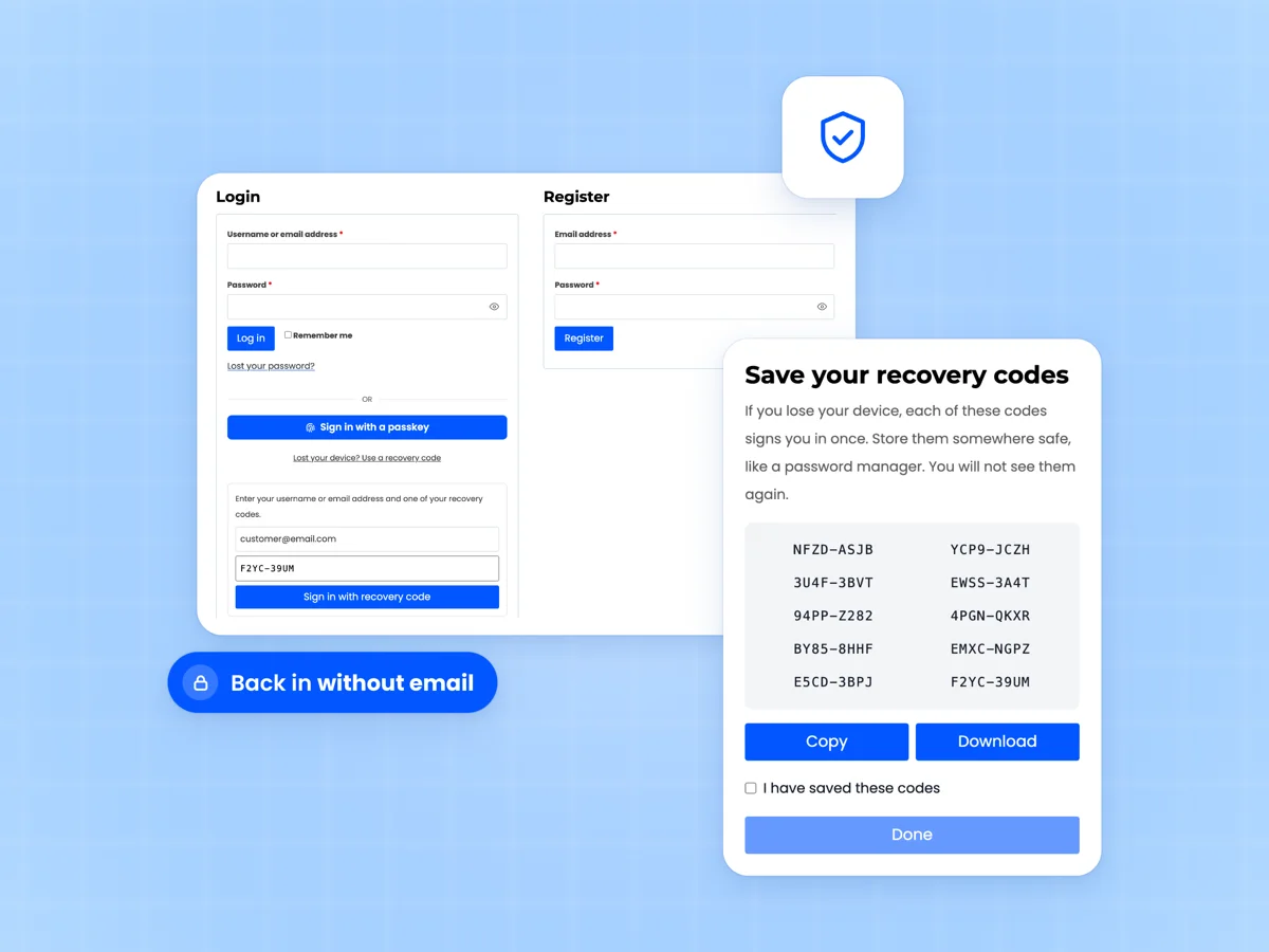 Save your recovery codes popup with ten codes, Copy and Download buttons beside the recovery code sign in form
