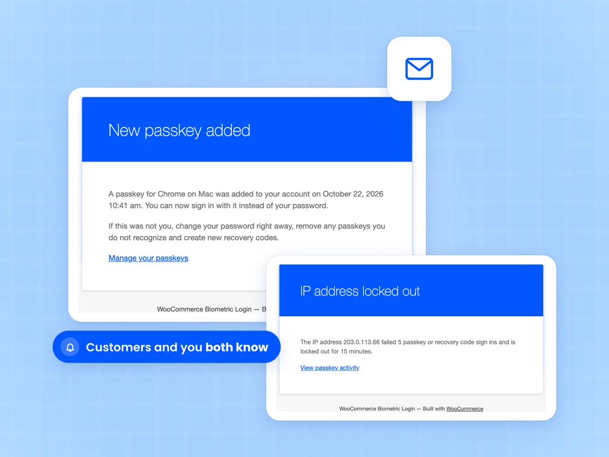 New passkey added customer email beside the IP address locked out admin alert, both in the WooCommerce email template