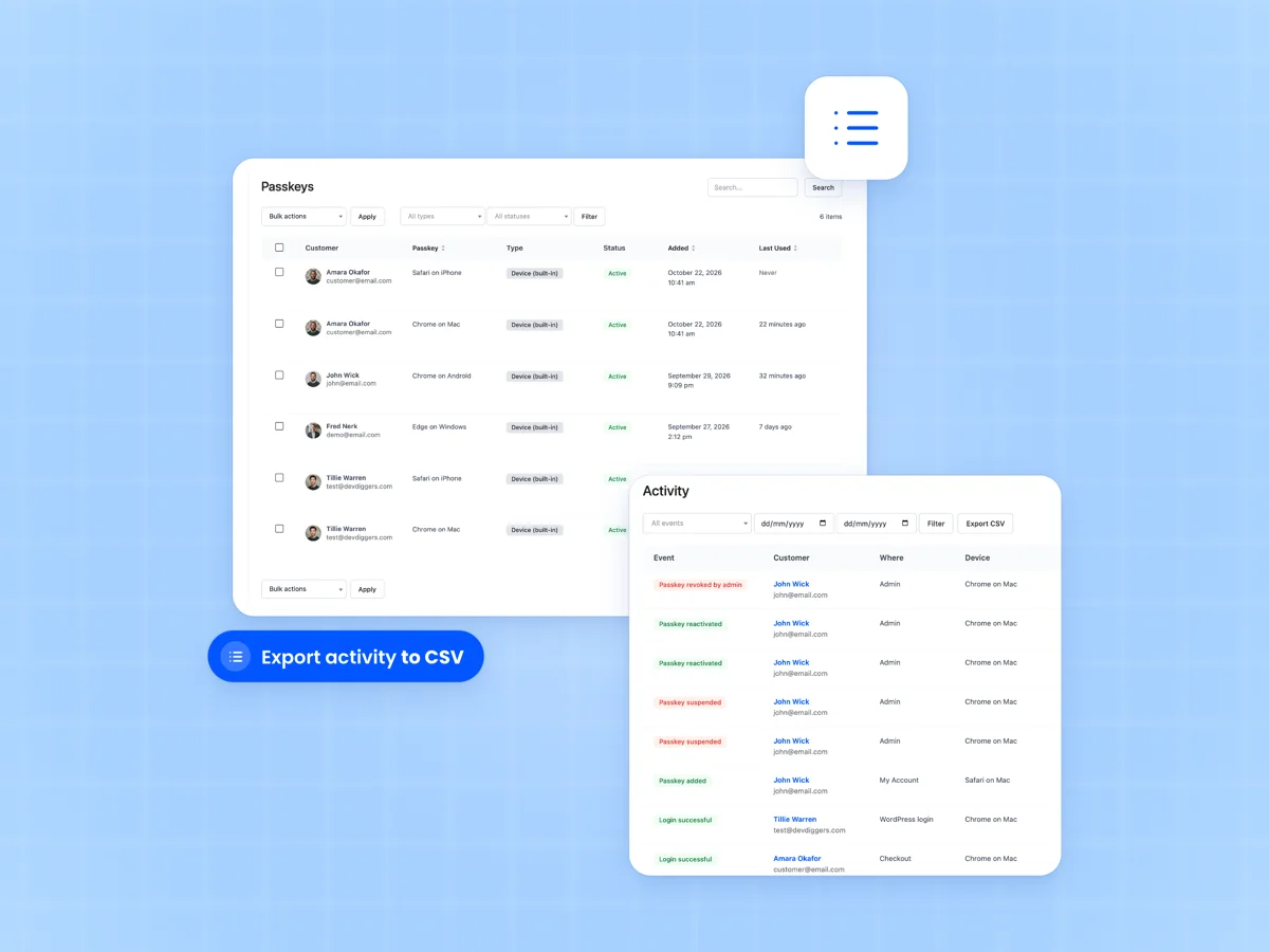Passkeys admin list with customers, passkey names, types and statuses beside the Activity log with event badges and Export CSV