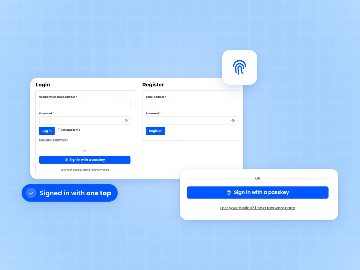 WooCommerce My Account login form beside a zoomed Sign in with a passkey button and the recovery code link