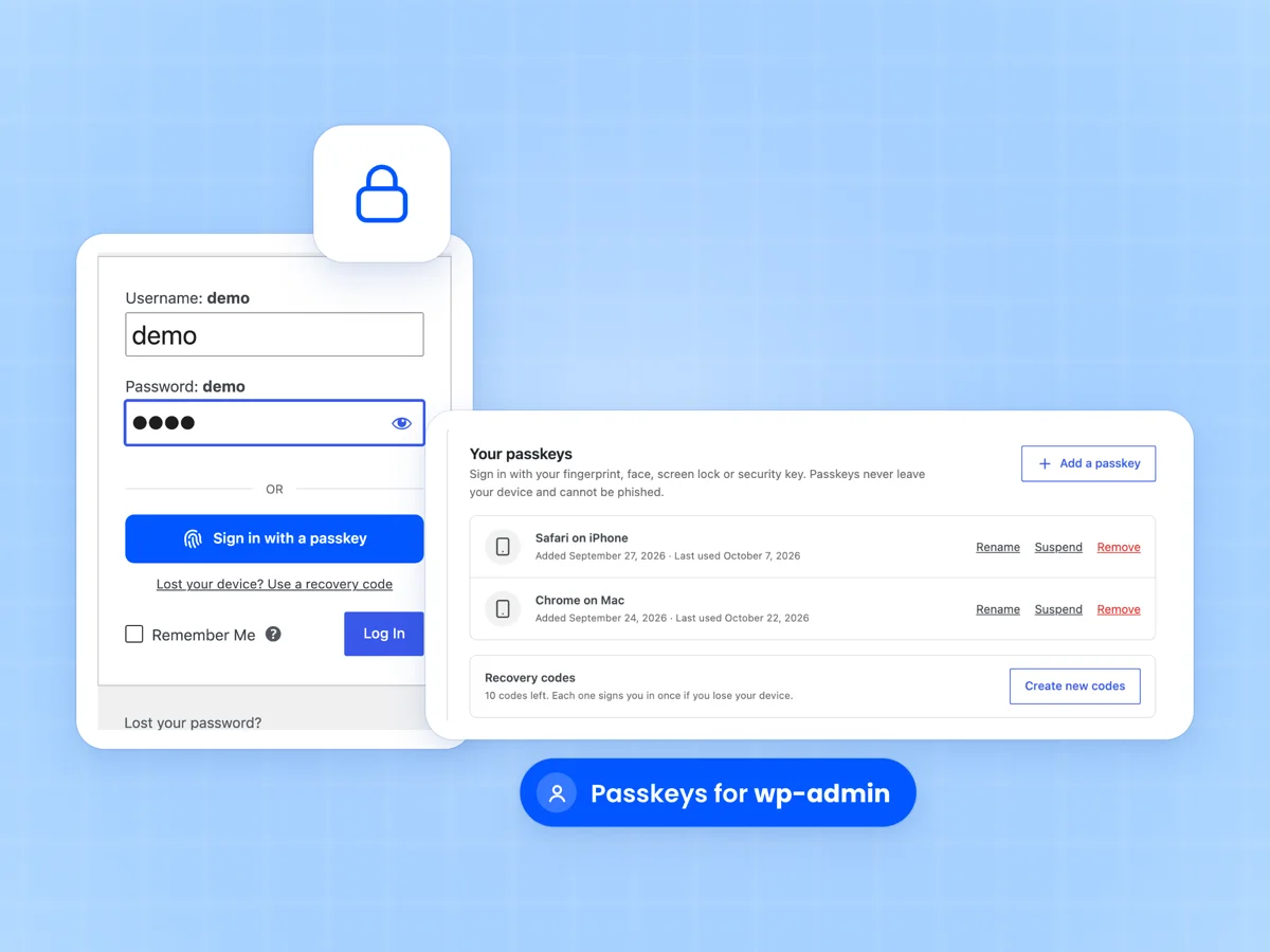 WordPress login screen with a Sign in with a passkey button beside the Passkeys section of an admin user profile