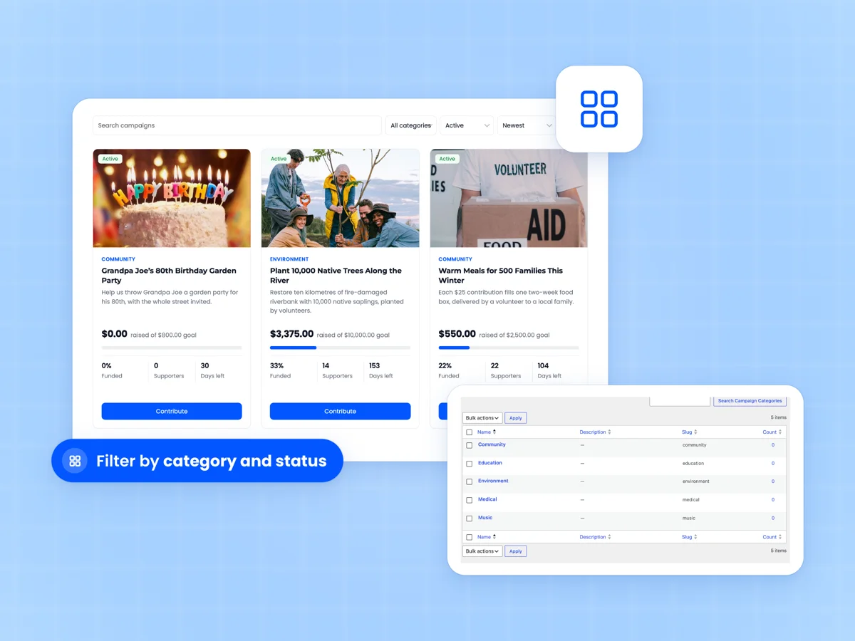 Campaigns page with search, category and status filters and campaign cards, beside the Campaign Categories screen