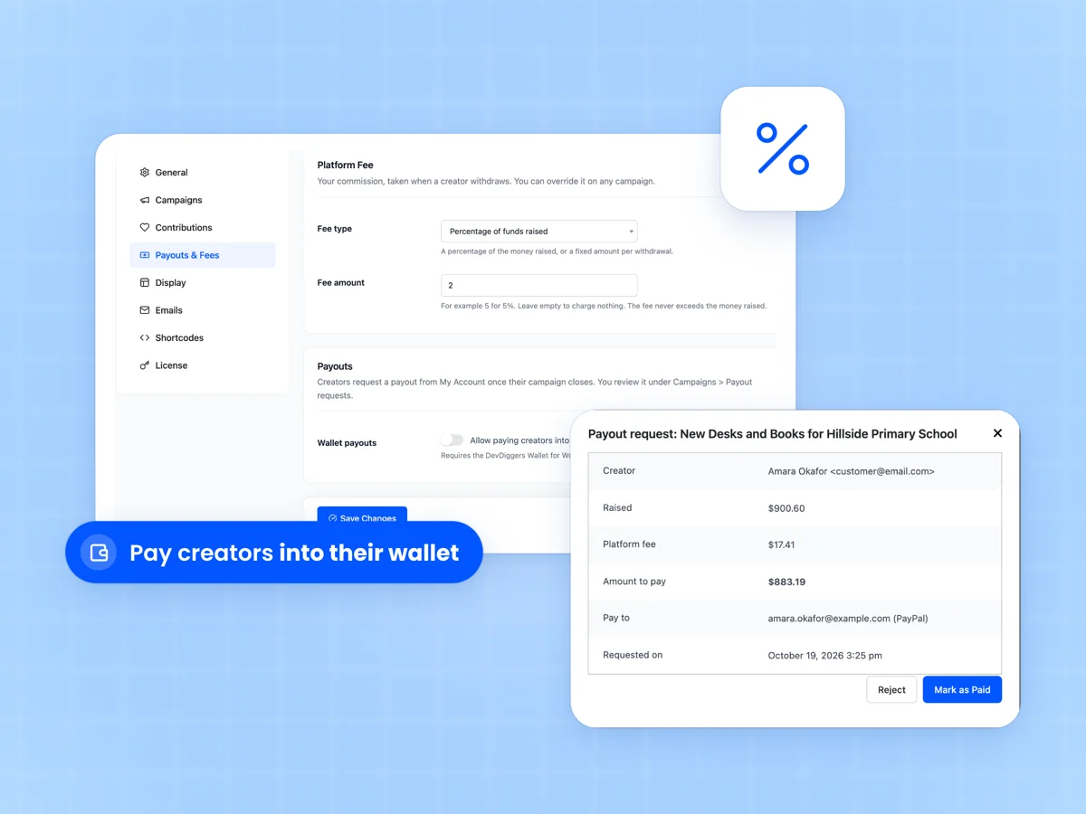 Payouts and Fees settings with a 2% platform fee, beside a payout request showing $900.60 raised, a $17.41 fee and $883.19 to pay