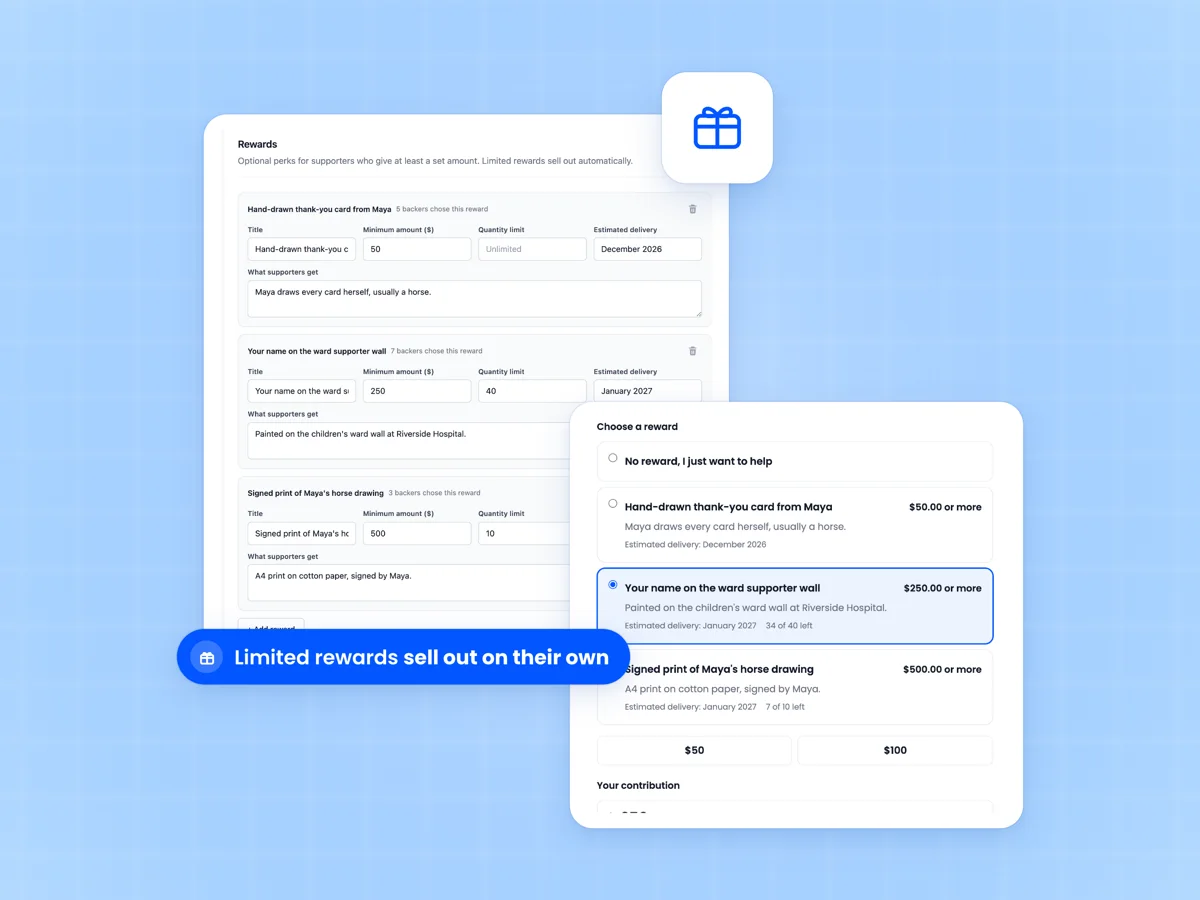 Campaign editor with three reward tiers, minimum amounts and quantity limits, beside the reward picker showing 34 of 40 left