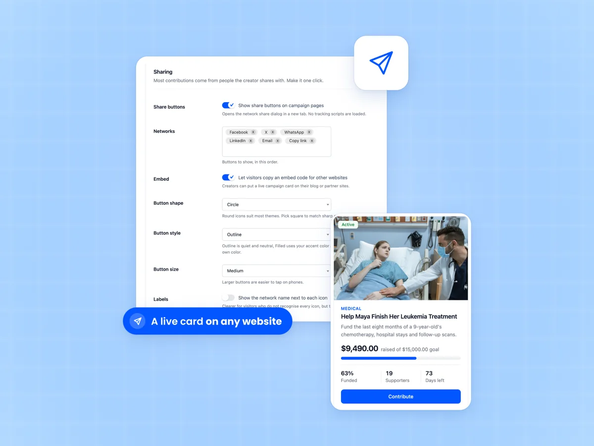 Sharing settings with networks, embed and button style options, beside the embeddable campaign card with a Contribute button