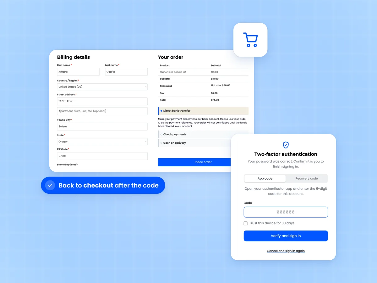 Classic WooCommerce checkout with a signed in customer and billing details beside the two-factor code screen