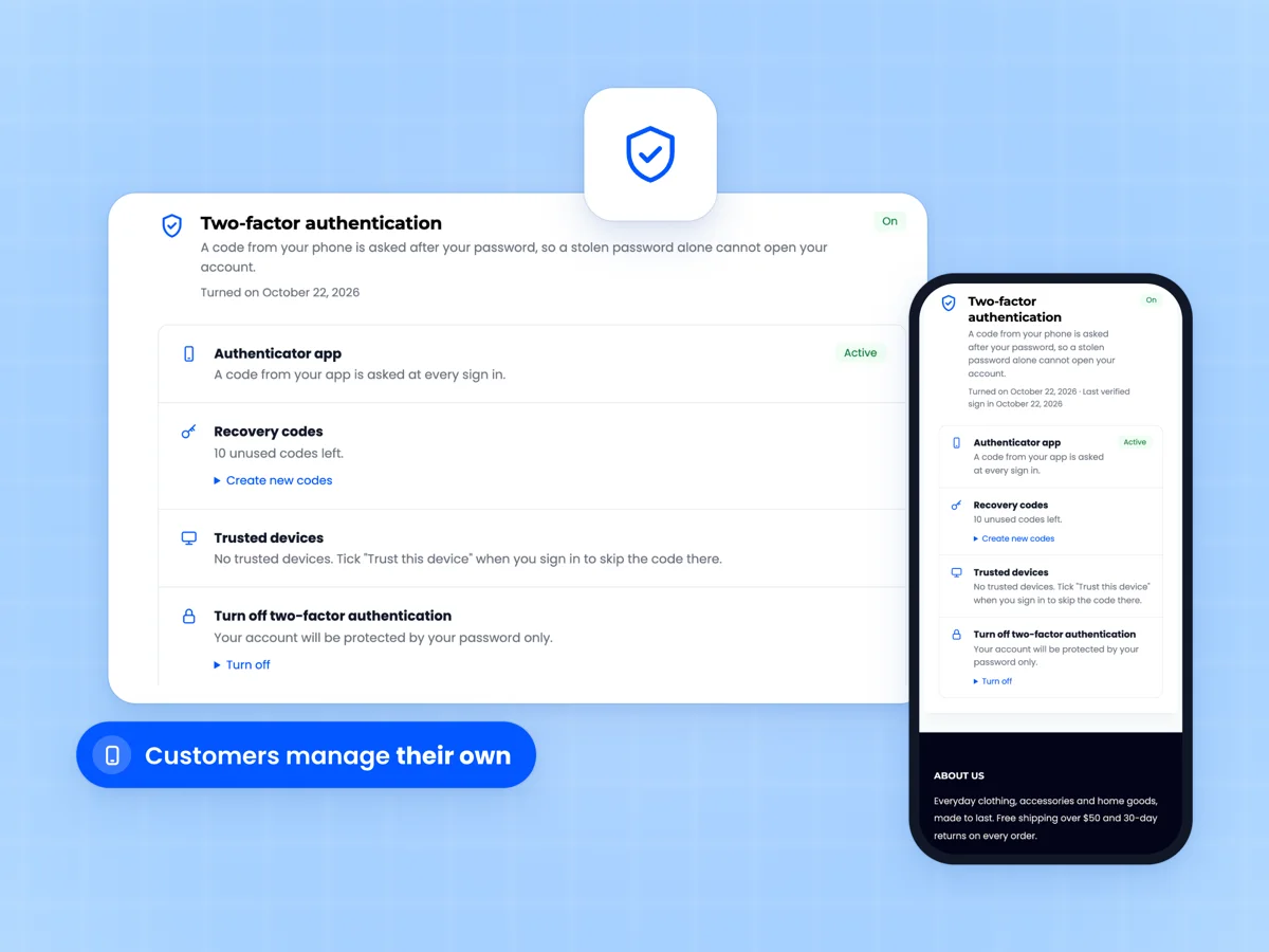 My Account two-factor authentication page marked On with Authenticator app, Recovery codes and Trusted devices beside the same page on a phone
