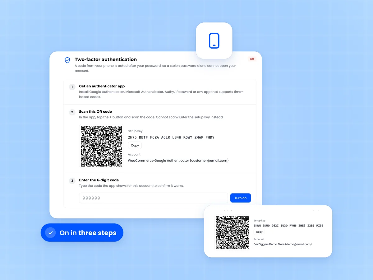 My Account two-factor setup with Get an authenticator app, Scan this QR code and Enter the 6-digit code steps beside the app account