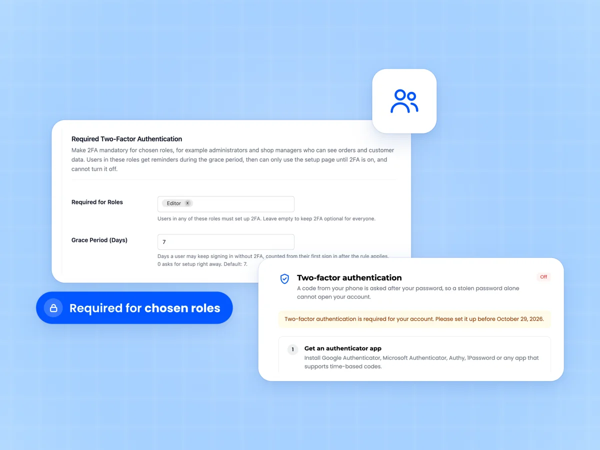 Required 2FA settings with Required for Roles and Grace Period beside a My Account notice saying two-factor authentication is required