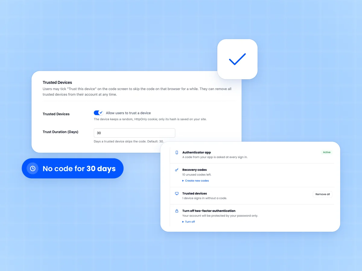 Trusted Devices settings with a 30 day trust duration beside the My Account row showing one device signs in without a code